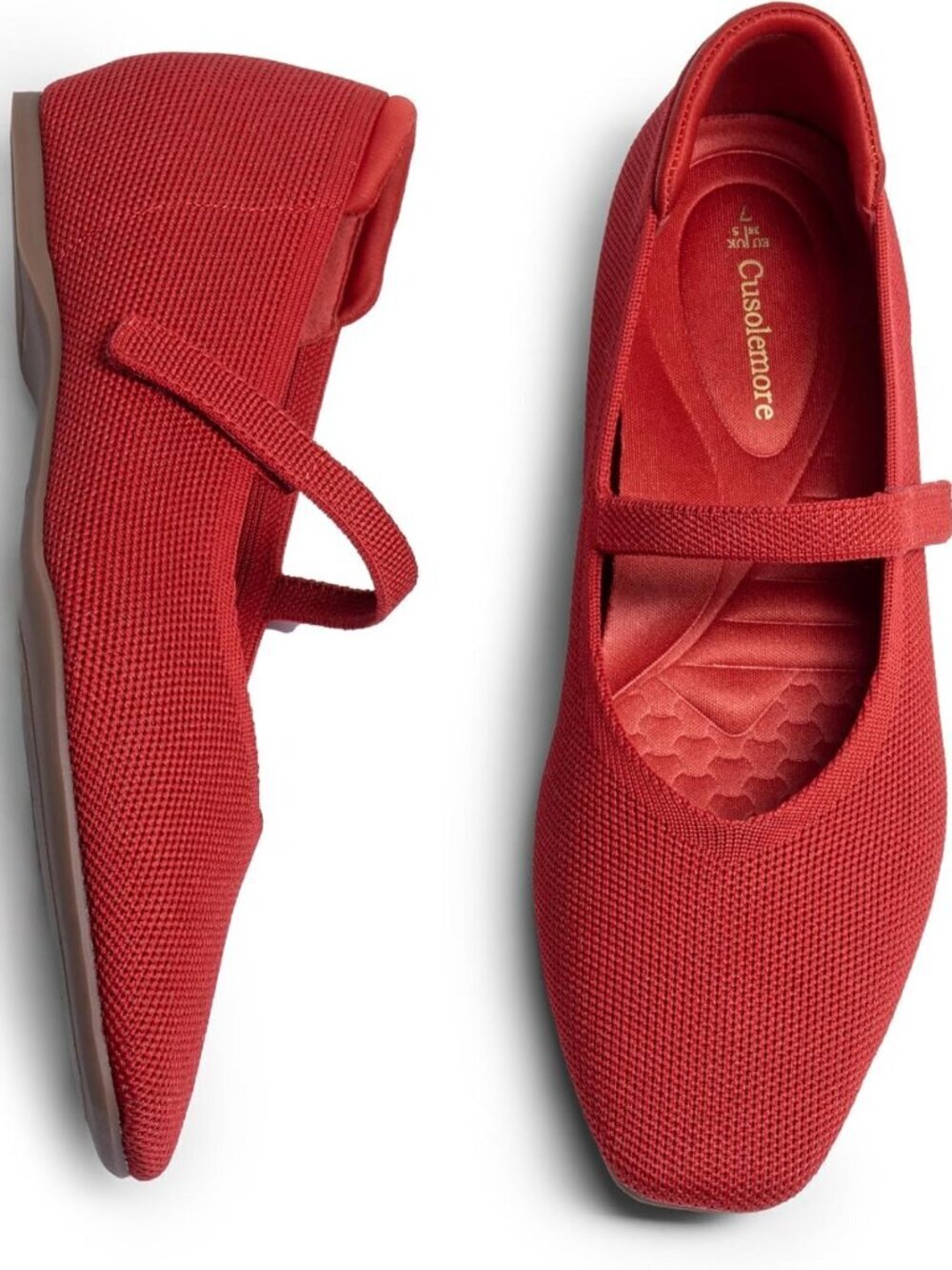Women Red Knit Square Toe Arch Support and Concealed Low Wedge Ballet Flats